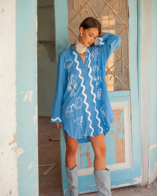 WINE CLUB LONG SLEEVE SHIRT DRESS - BLUE