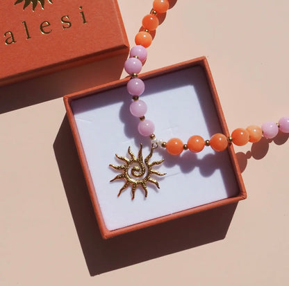 Spiral Sun Pink & Orange Beaded Gemstone Necklace