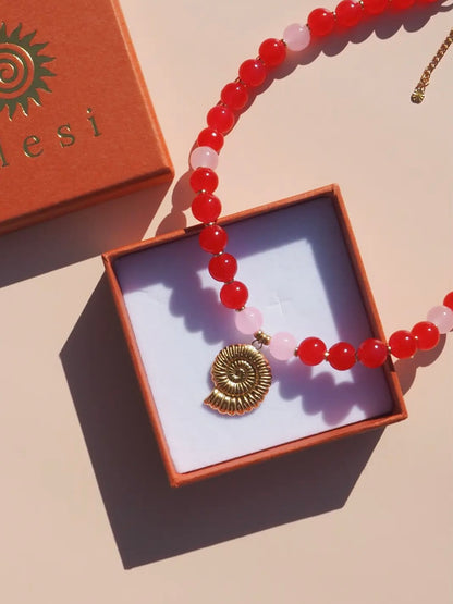 Spiral Shell Red & Pink Beaded Necklace