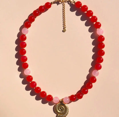 Spiral Shell Red & Pink Beaded Necklace
