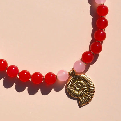 Spiral Shell Red & Pink Beaded Necklace