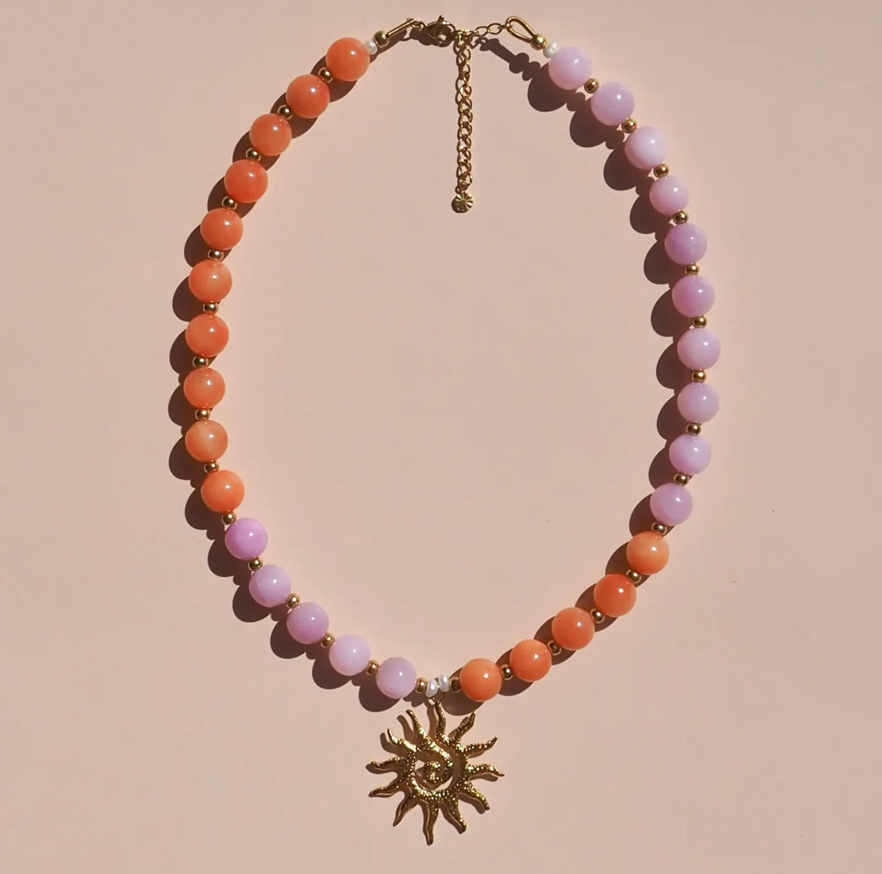 Spiral Sun Pink & Orange Beaded Gemstone Necklace