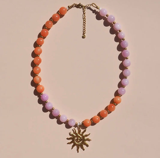 Spiral Sun Pink & Orange Beaded Gemstone Necklace
